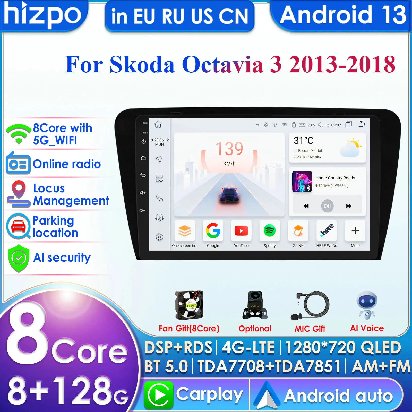 Hizpo 4G 10.1''10.33'' AI Intelligent Systems CarPlay Android Auto Radio for Volkswagen SKODA Octavia 3 A7 Car Multimedia GPS BT