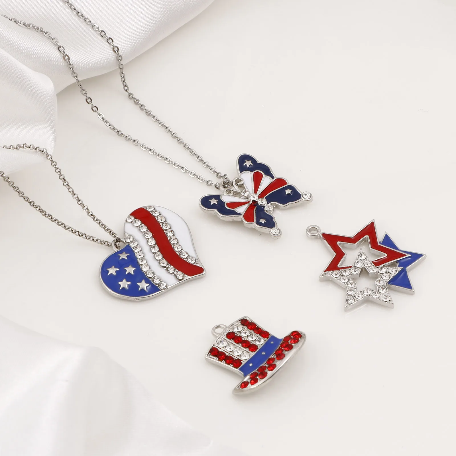 5PC USA Flag Hat Wing Charms For Jewelry Making Enamel Inlaid  Rhinestone American Independence Pendant DIY Necklace Findings