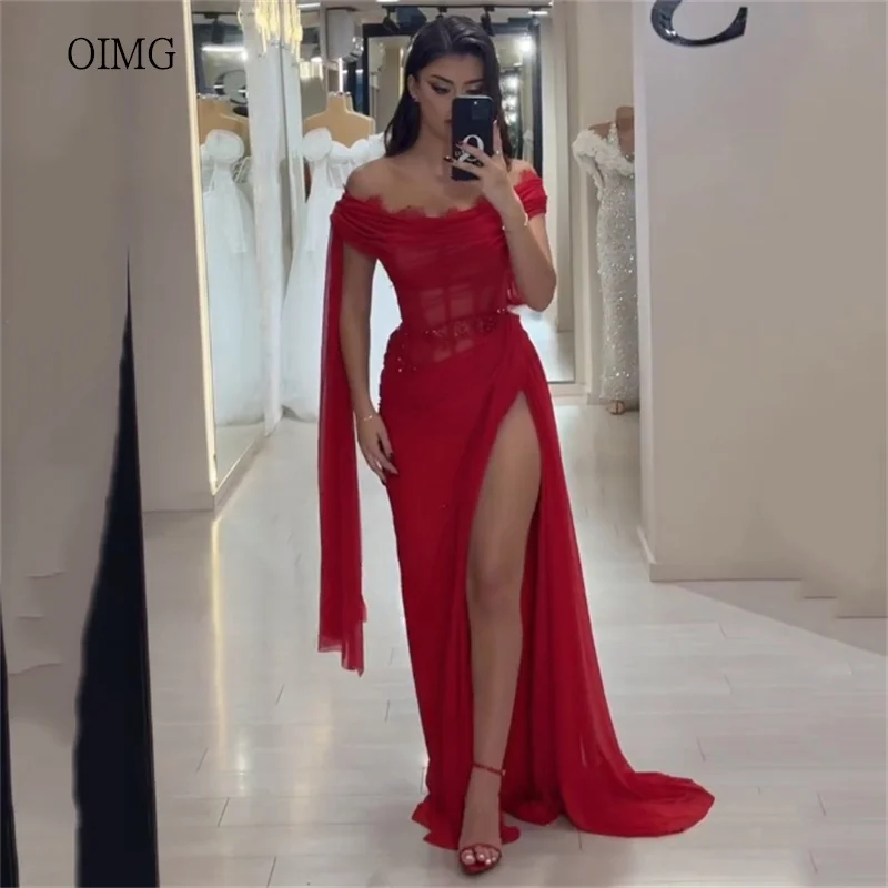 فستان سهرة من OIMG Airy باللون الأحمر قبالة الكتف حورية البحر فساتين حفلات شيفون بفتحة جانبية طول الأرض 2026 مخصص #1