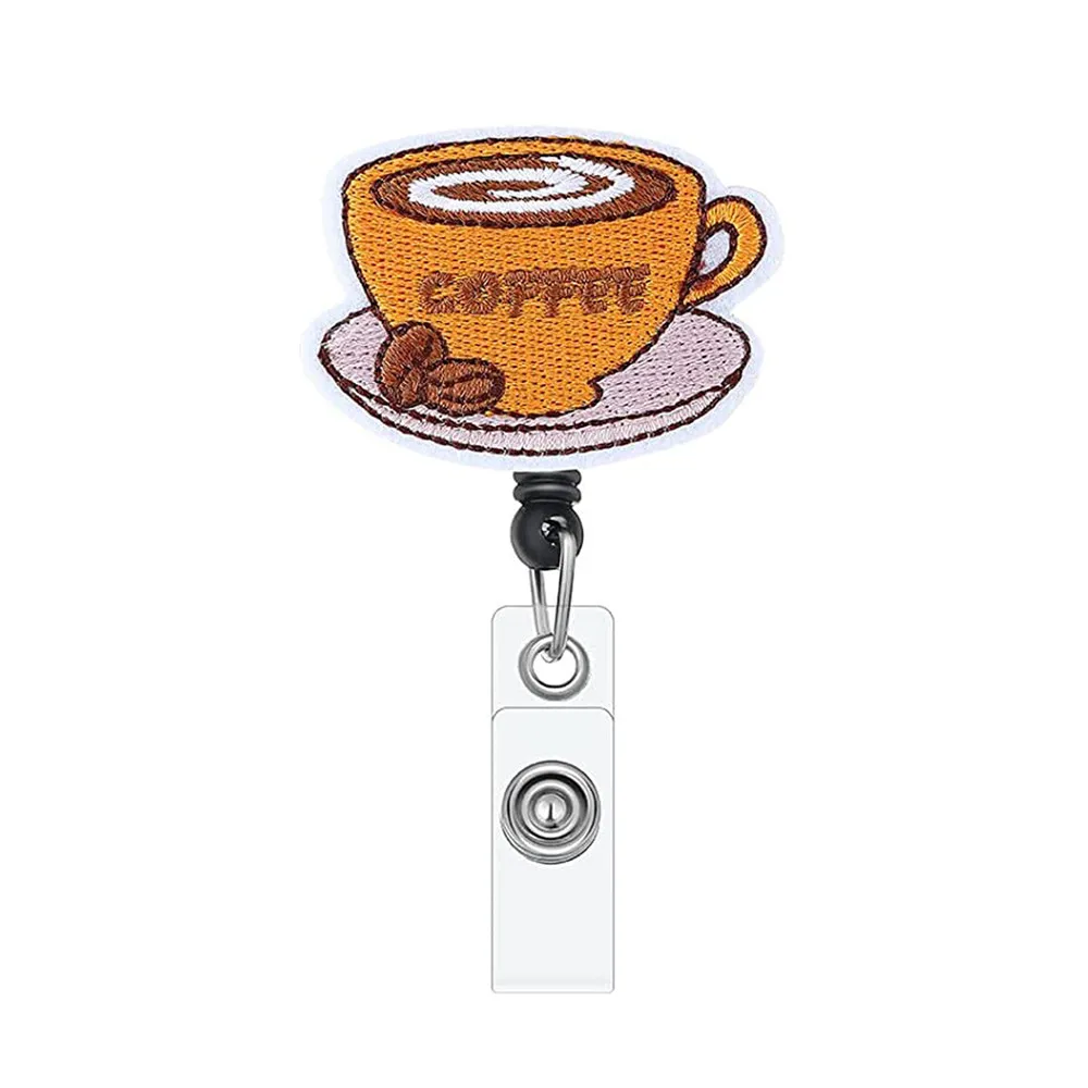 Telescopic Rotating Badge Holder Student Doctor Nurse ID Holder Reel Clip Cute Cartoon Embroidery Coffee Cup Shape Pull Buckle