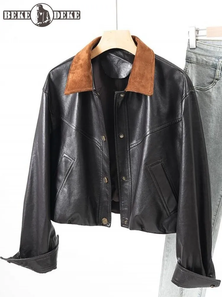 Office Ladies Single Breasted Pocket Long Sleeves Genuine Leather Loose Jacket Square Neck Sheepskin Mixed Color Short Coat
