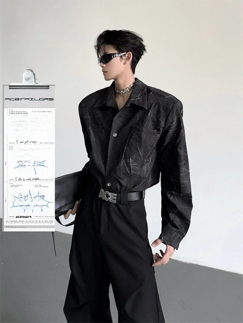 Ace Texture Sensation Pad Shoulder Shirt Casual Long Sleeve Korean Style Loose Fit Polyester No Ironing Required Autumn Shirt