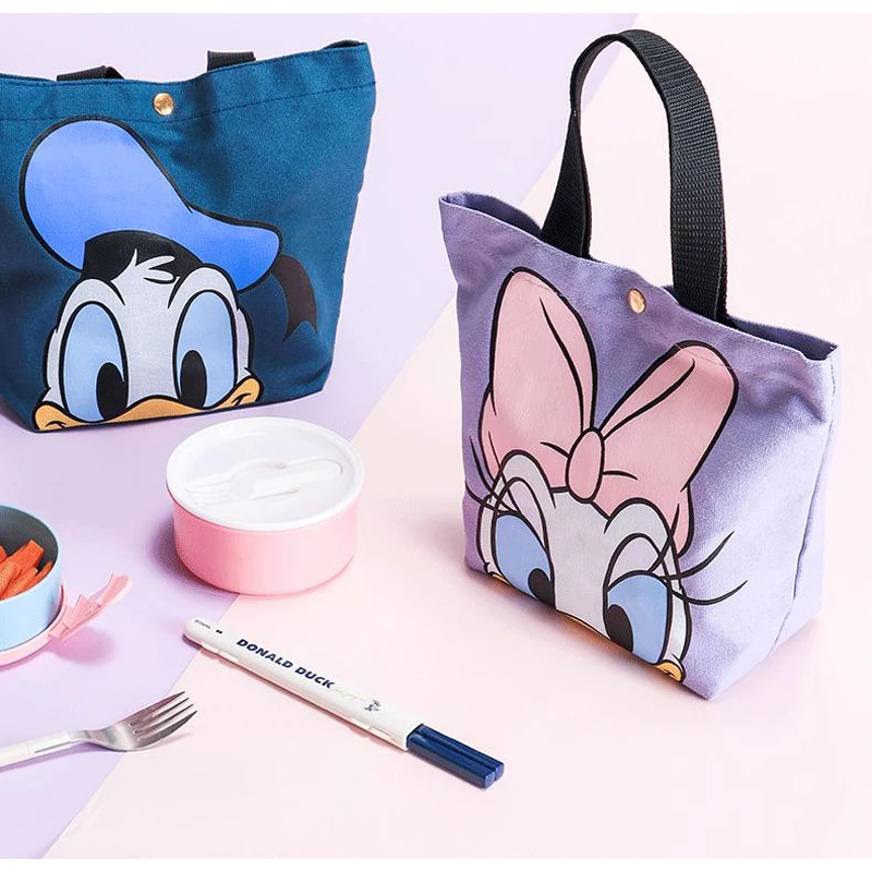 Disney Mickey Mouse Donald Duck Lunch Bag Canvas Shoulder Bag Korean Women Kids Lunchbox Picnic Supplies Insulated Cooler Bags