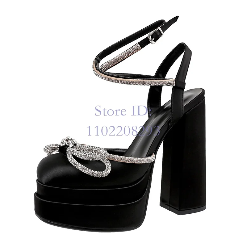 Crystal Butterfly-knot Chunky High Heel Sandals Platform Round Toe Back Buckle Strap Sandals Women Fashion Shows Shoes 2024