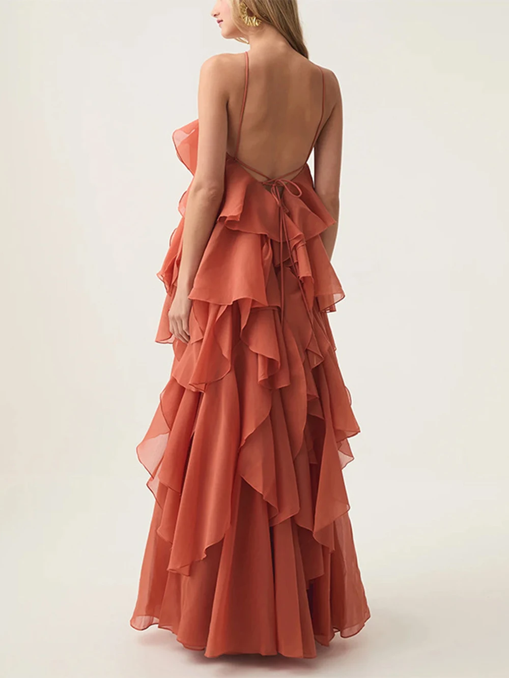 Modphy sexy multi camadas babados rendas vestido longo feminino flor sem costas sólido festa praia vestidos femininos 2025 verão senhora robe