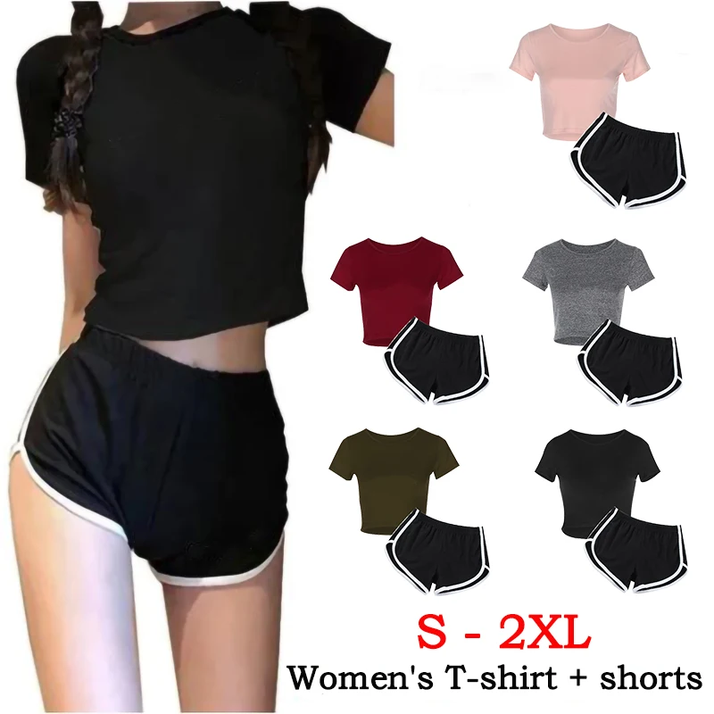 

Women Short T-shirt Shorts Suit Summer Sport Wear Casual Cotton Yoga Lady Crop Top+Shorts