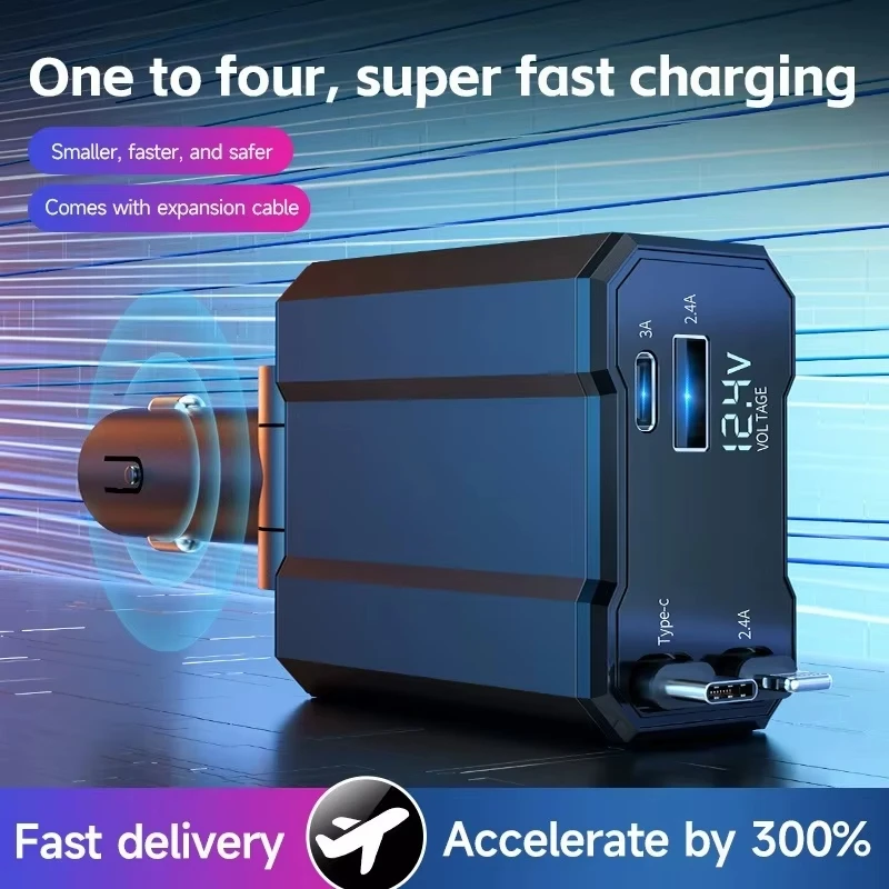 

4 in 1 Car Charger Retractable USB Type C Fast Charger Cable For iPhone Xiaomi Huawei Samsung Galaxy Pixel TCL