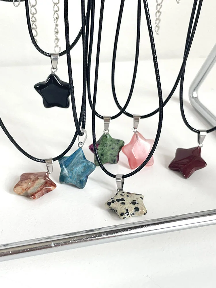 Trend Natural Stone Hexagon Crystal Rose Quartz Opal Star Pendant Necklace for Women Fluorite Lapis Bullet Pendulum Jewelry 2024