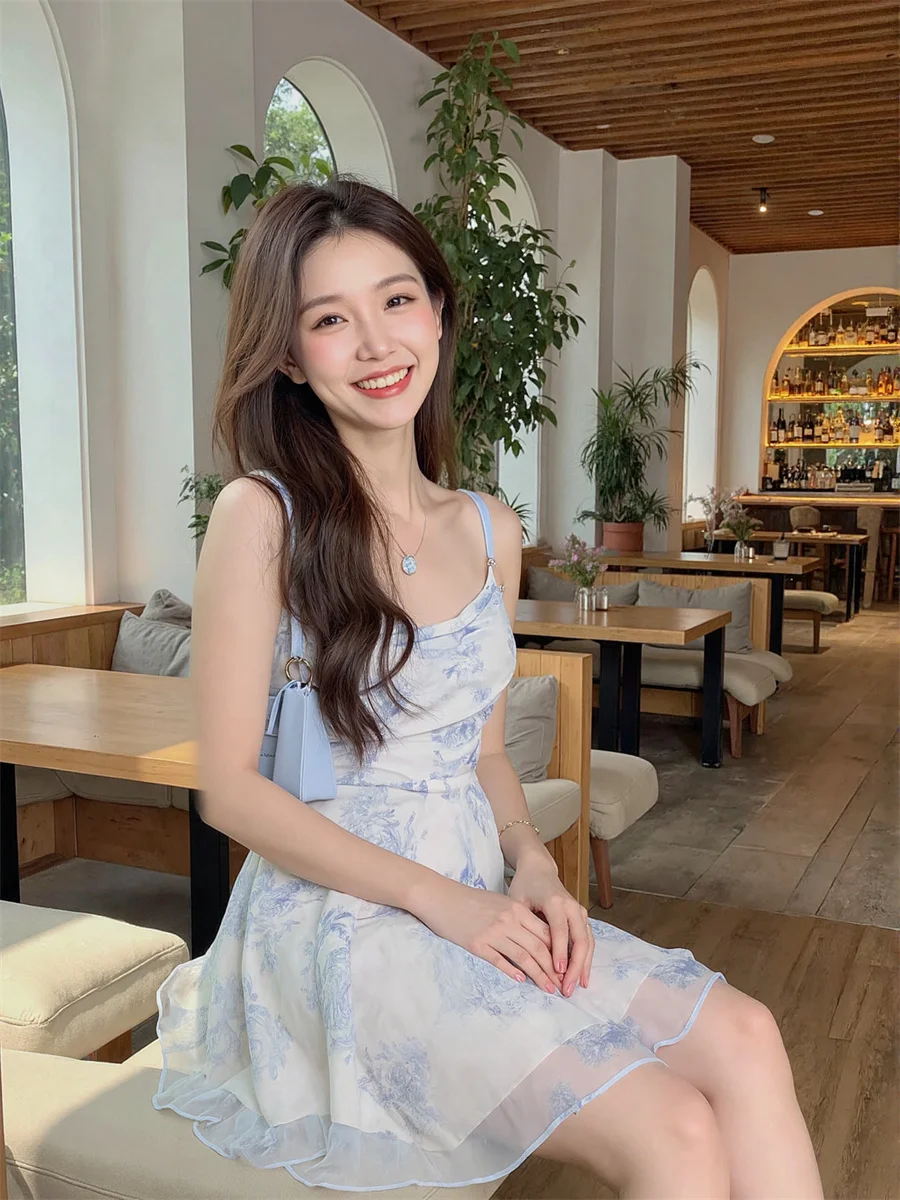 Floral mini chiffon céu azul vestidos feminino bolo plissado cordão em camadas artístico único moderno feminino chique applique retalhos