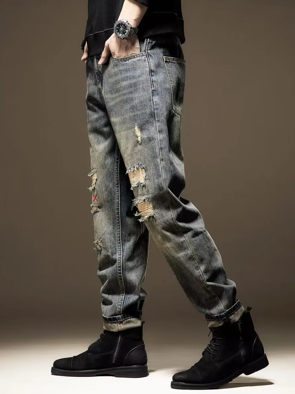 Retro American Denim Jeans Men Loose Straight Leg Slim Fit High Street Trendy Hole Punching Pants Spring Autumn Casual Wear