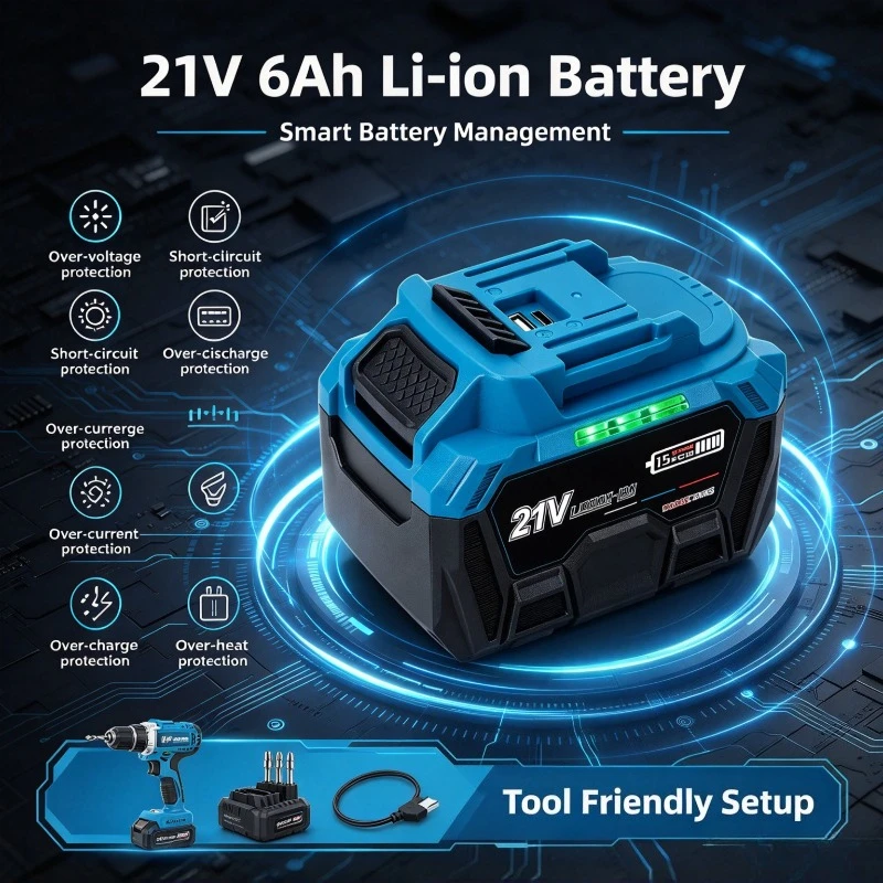 21V 6.0Ah Lithium Ion Battery Pack With USB Type-C Emergency Power Bank LED Indicator For Slide Type Power Tools