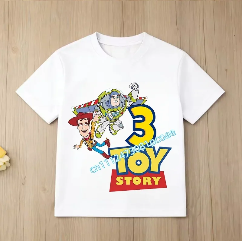 Toy Story Number 2-9 T-shirt Kawaii Birthday Tee Shirts Anime Figure Woody Buzz Lightyear Clothes Kid Girl Boy Short Sleeve Tops