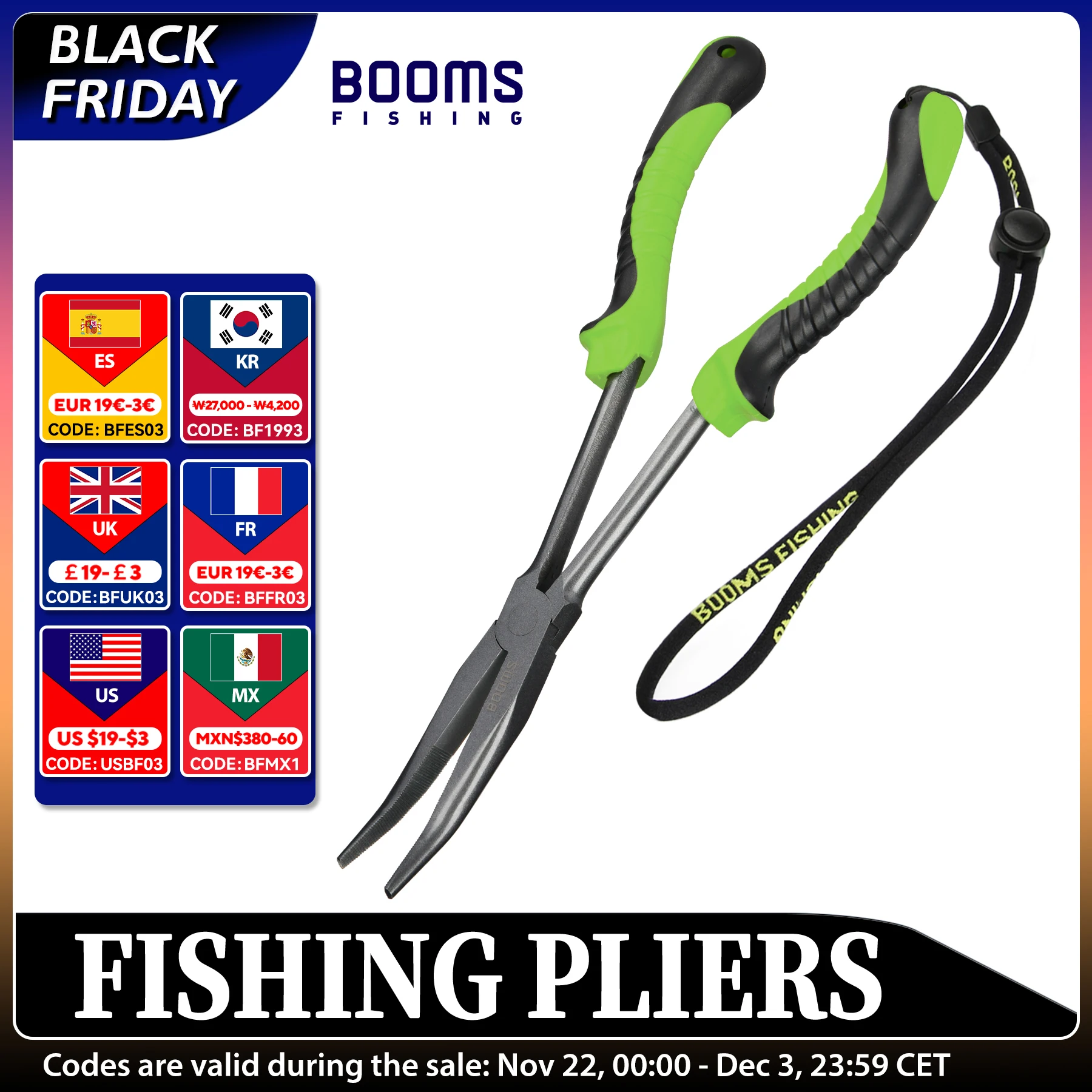 Booms Fishing F05 Fishing Pliers 28cm Long Nose Hook Remover with Anti-loss Hanging Lanyard Carbon Steel Saltwater Tackle Tool