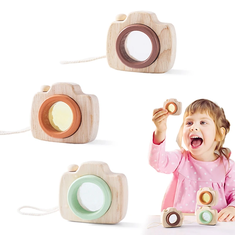 1PC Baby Wooden Colorful Camera Kaleidoscope Toys Kid Block Montessori Hanging Camer Prop Decoration DIY Camera Gift Outdoor Toy