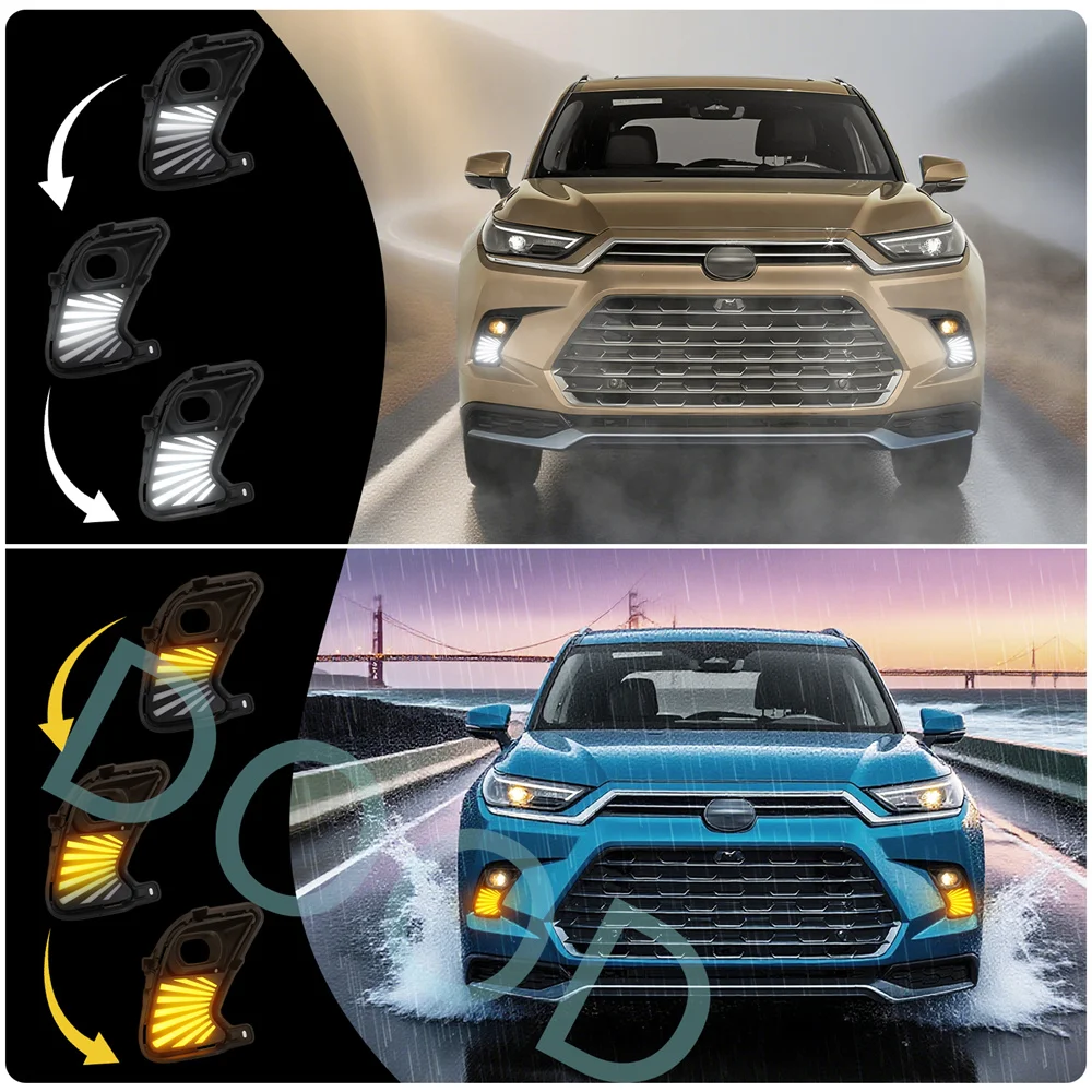 أضواء النهار LED مناسبة لتويوتا جراند هايلاندر 2024 2025 2026 ملحقات إضاءة إشارة الانعطاف الضباب