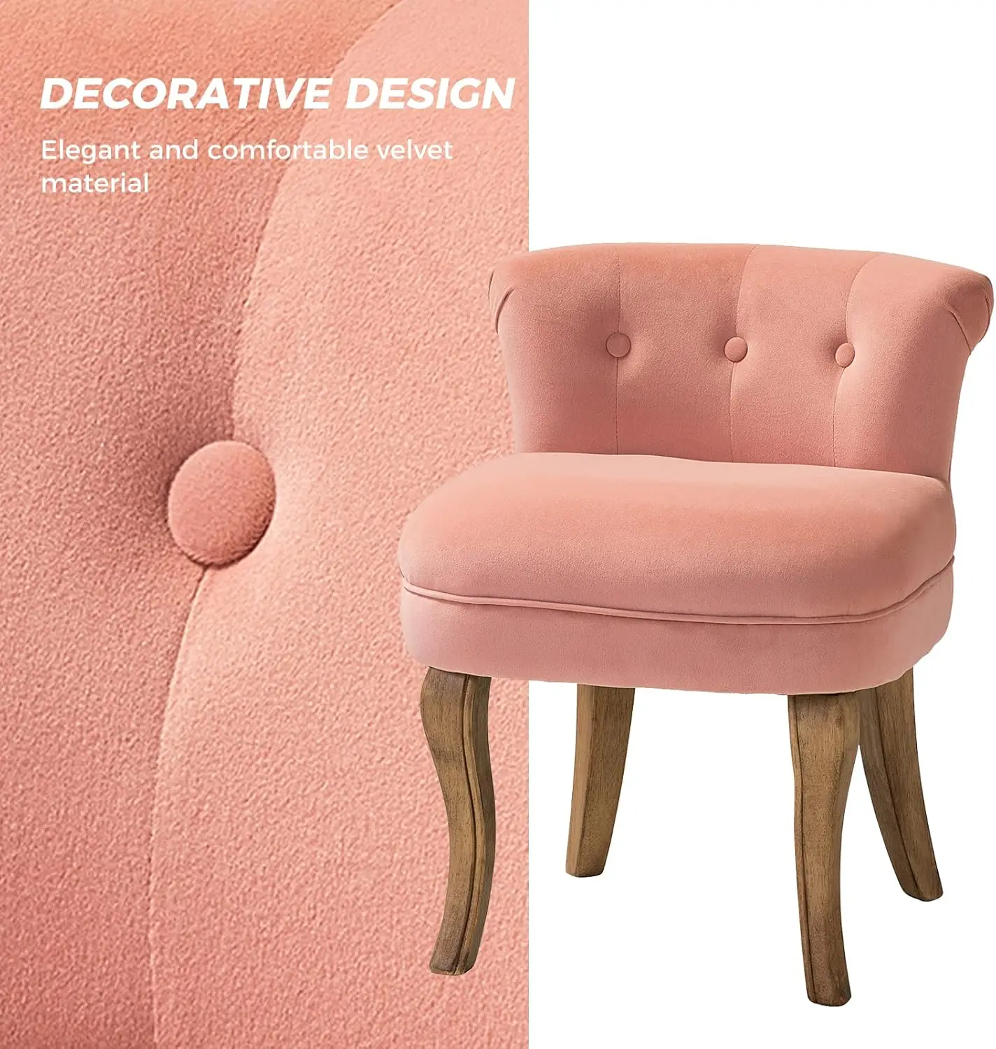 مقعد فانيتي مخملي وردي مع أرجل من الخشب الصلب، كرسي مكياج منجد حديث لغرفة النوم أو غرفة المعيشة