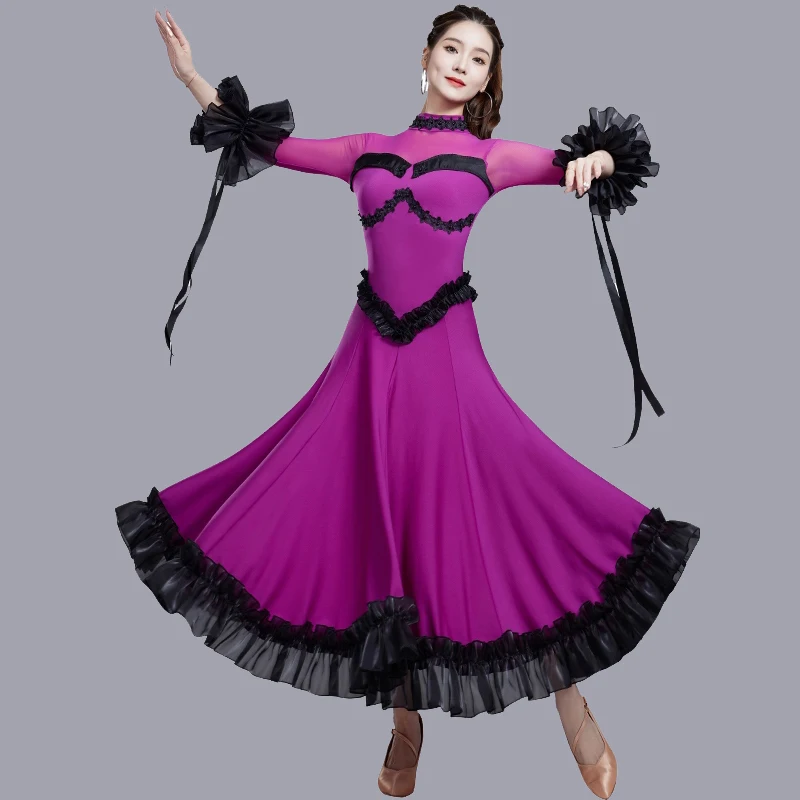 Modern Dance Latin Dance Dress Performance Dress Long Sleeve Dress Competition Practice Clothes Chacha Waltz Dance Dress DQL9588