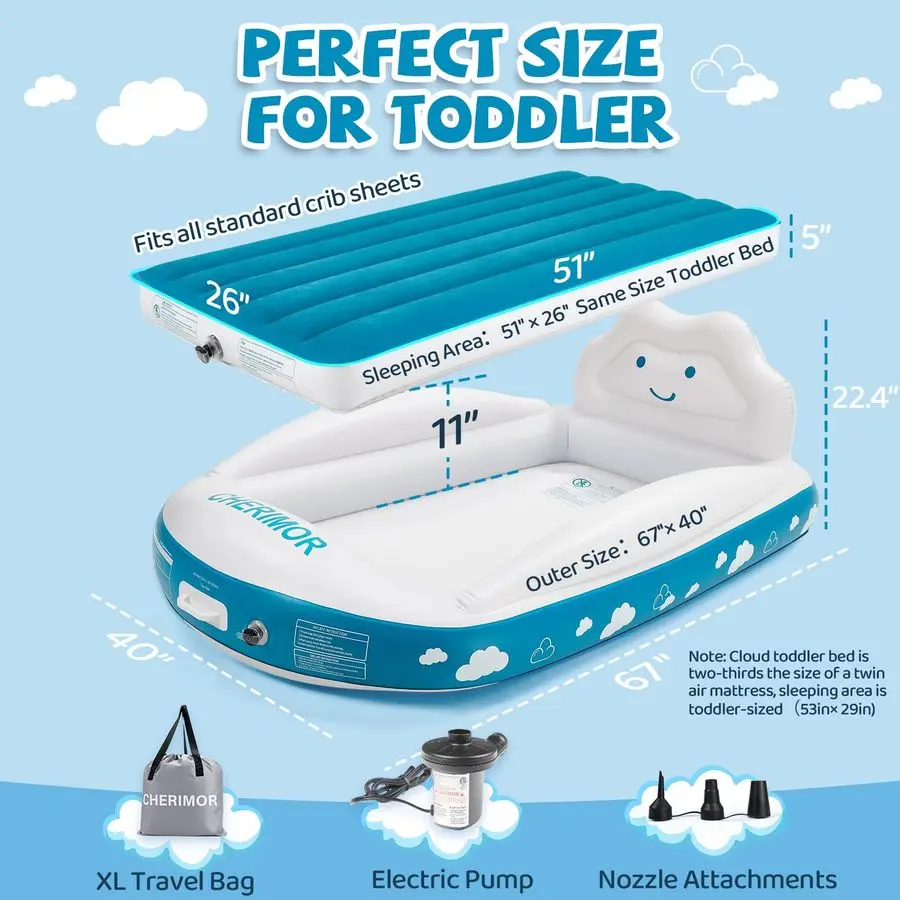 سرير سفر للأطفال الصغار، سرير أطفال محمول مع مصدات أمان بأربعة جوانب ومضخة نفخ تلقائية سريعة، مرتبة هوائية للأطفال للسفر C #2