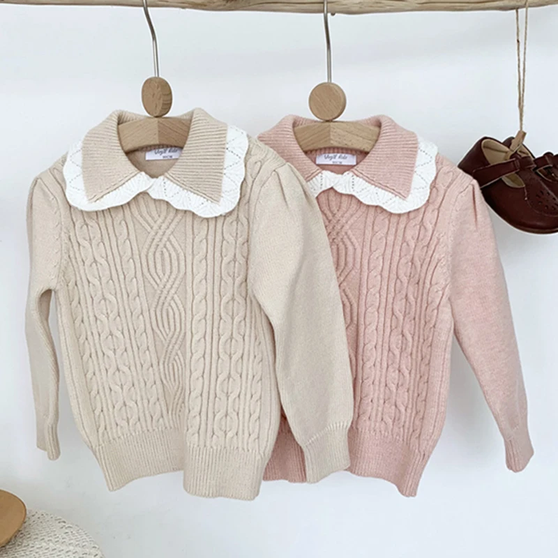 

Детские свитера с длинными рукавами для маленьких девочек, новинка 2025 года, осень-зима, детские однотонные вязаные детские свитера для маленьких девочек