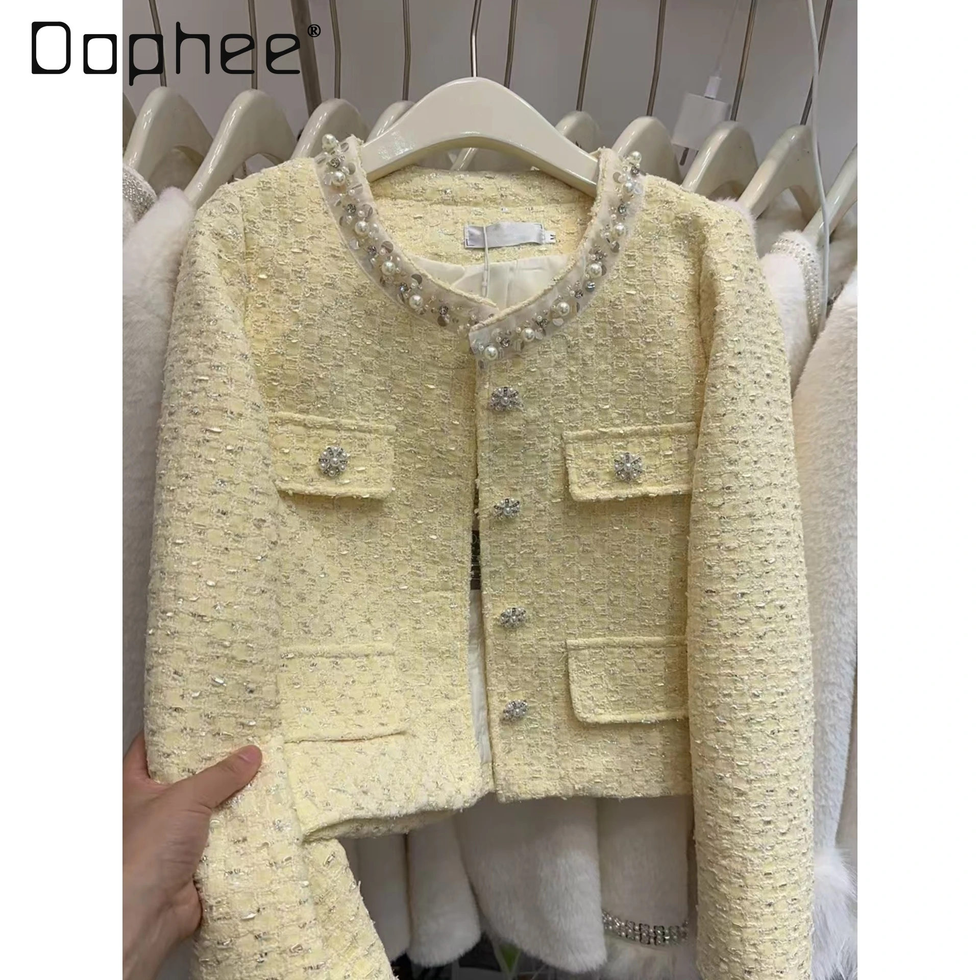 

Однобортное высококачественное твидовое короткое пальто с круглым вырезом и бисером, со стразами для женщин, изысканное свободное повседневное пальто для светского отдыха