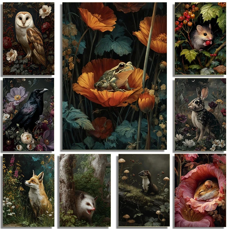 Dark Forest Flowers and Wildlife Art Poster Canvas Painting Oil Painting Printmaking Hotel Homestay Cabin Home Wall Decoration
