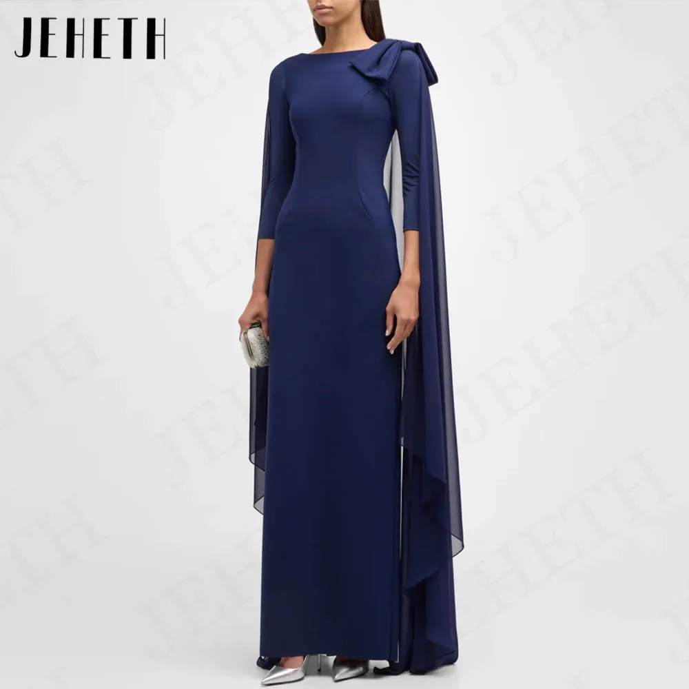 

JEHETH Navy Blue Three Quarter Sleeves Evening Dress Formal Saudi Arabia Simple Mermaid Banquet Party Dresses فساتين حفلة موسيقي