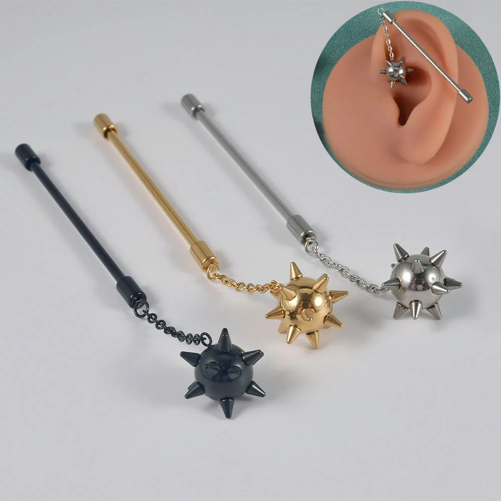 1-2PCS Meteor Hammer Industrial Barbell Surgical Steel Cartilage Tragus Earring Helix Daith Piercing Bar Pole Body Jewlery 14G