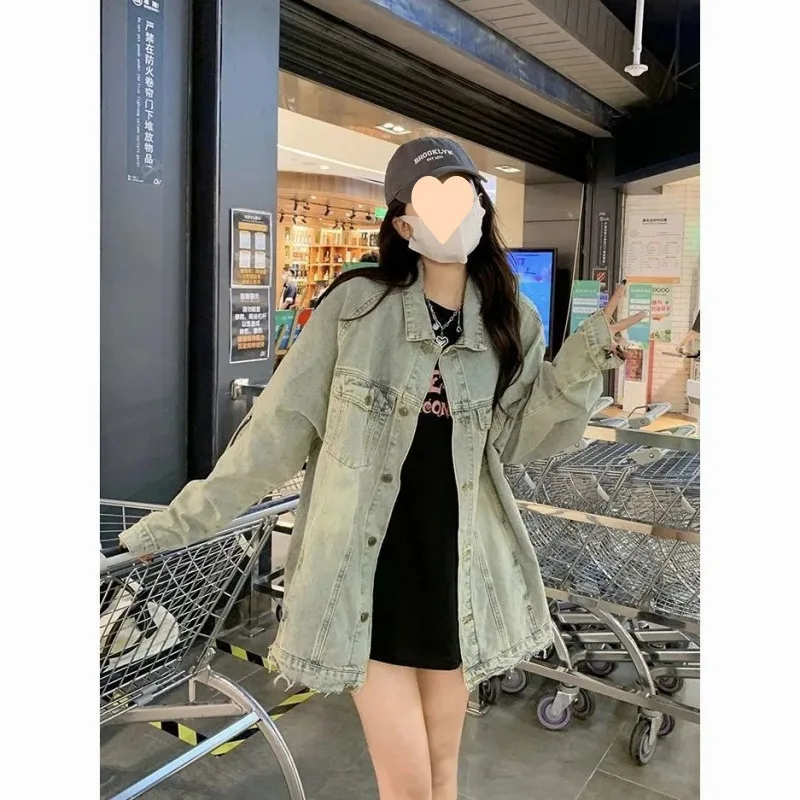 

Woman Denim Jackets Zipper Bomber Fall Outerwears Overcoat Female Long Sleeve Loose Coats Retro Women'S Oversized New Autumn
