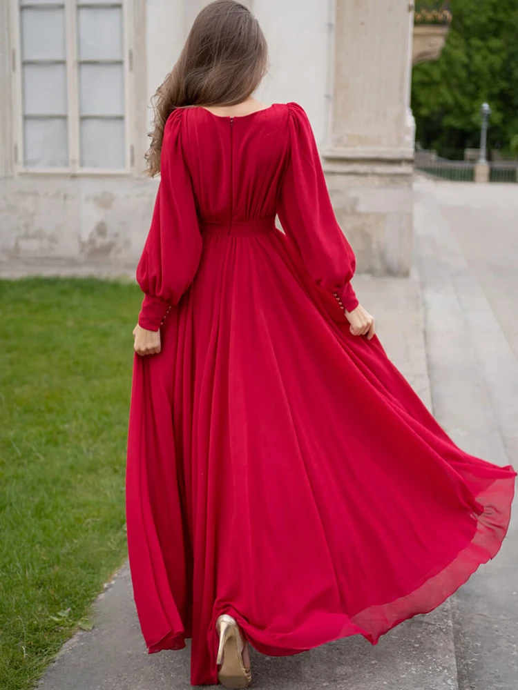 Spring Summer Red Chiffon Long Sleeve Casual Women Luxury Korean Fashion Clothing Party Midi Dress 2024 Elegant Bodycon Dresses