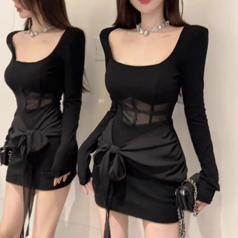 

Pure Sexy Hot Girl with a Clavicle Mesh Spliced black Skirt Design Slim and Slim Hip Dress for Women