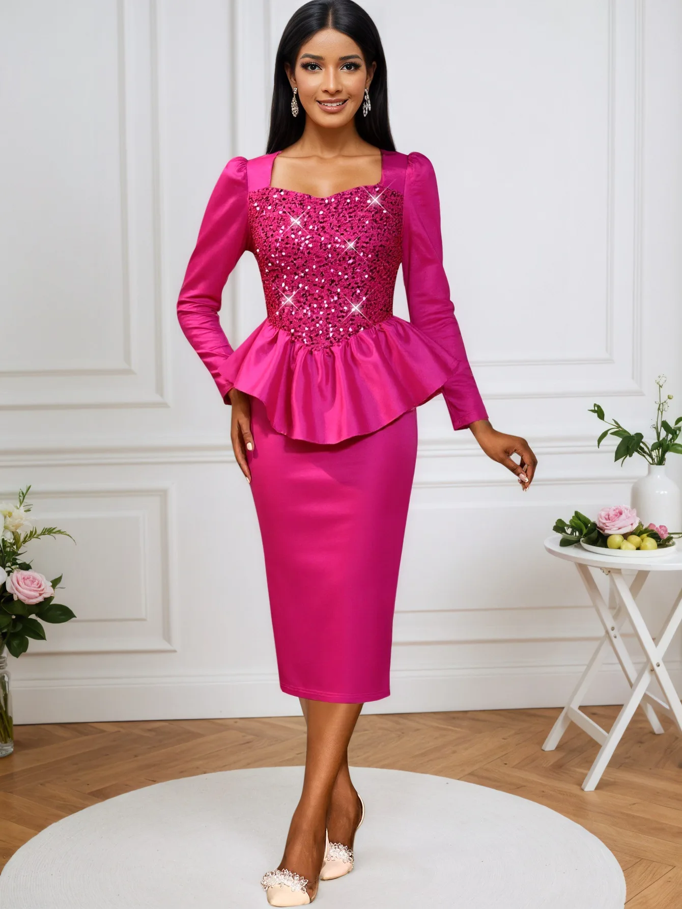 فساتين سهرة للحفلات الأفريقية ترتر للنساء موضة الخريف بأكمام طويلة وياقة مربعة فستان ميدي ملابس أفريقيا