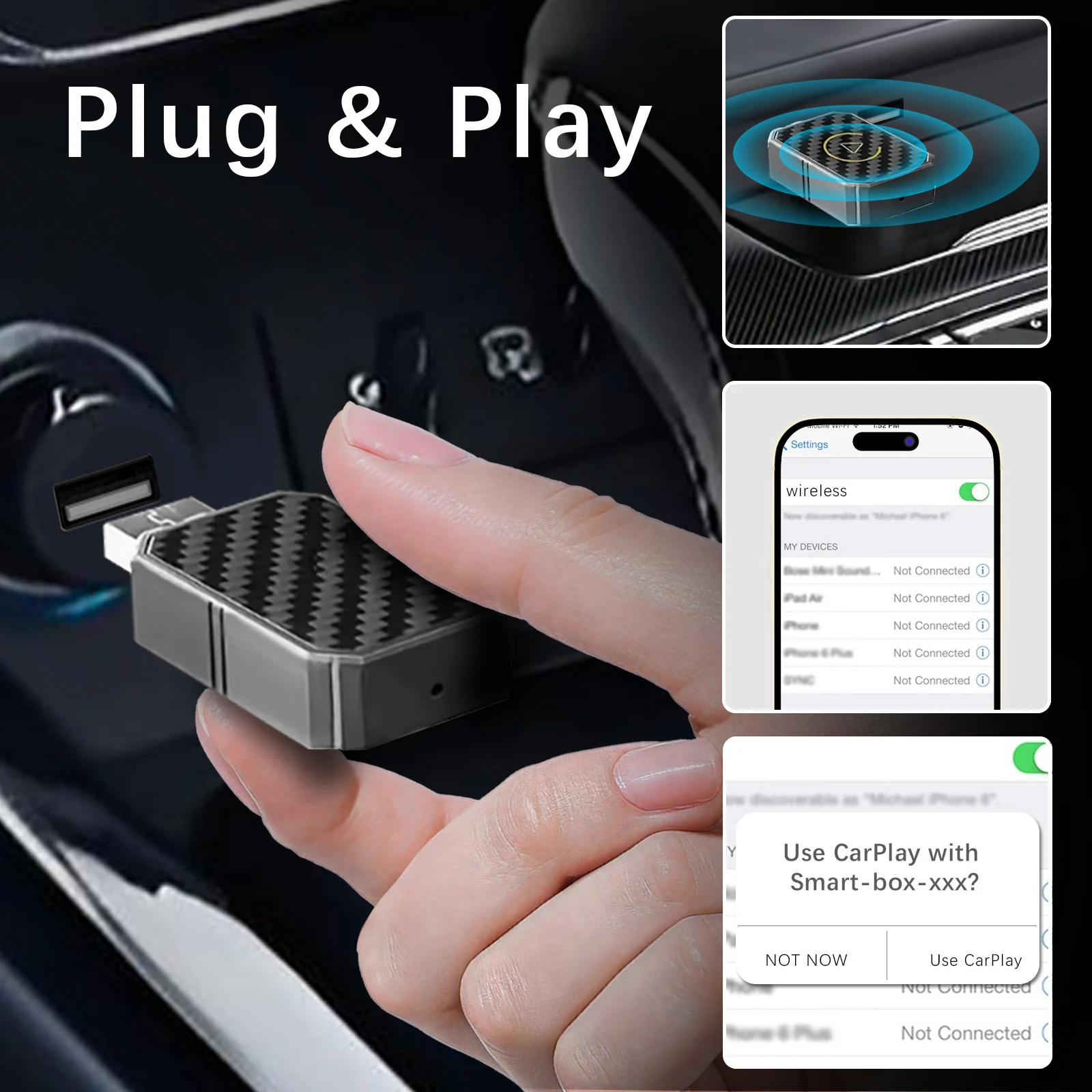 Мини-адаптер Wired to Wireless CarPlay, оснащен интерфейсом USB/Type-C, совместимым с автомобилями, поддержкой CarPlay