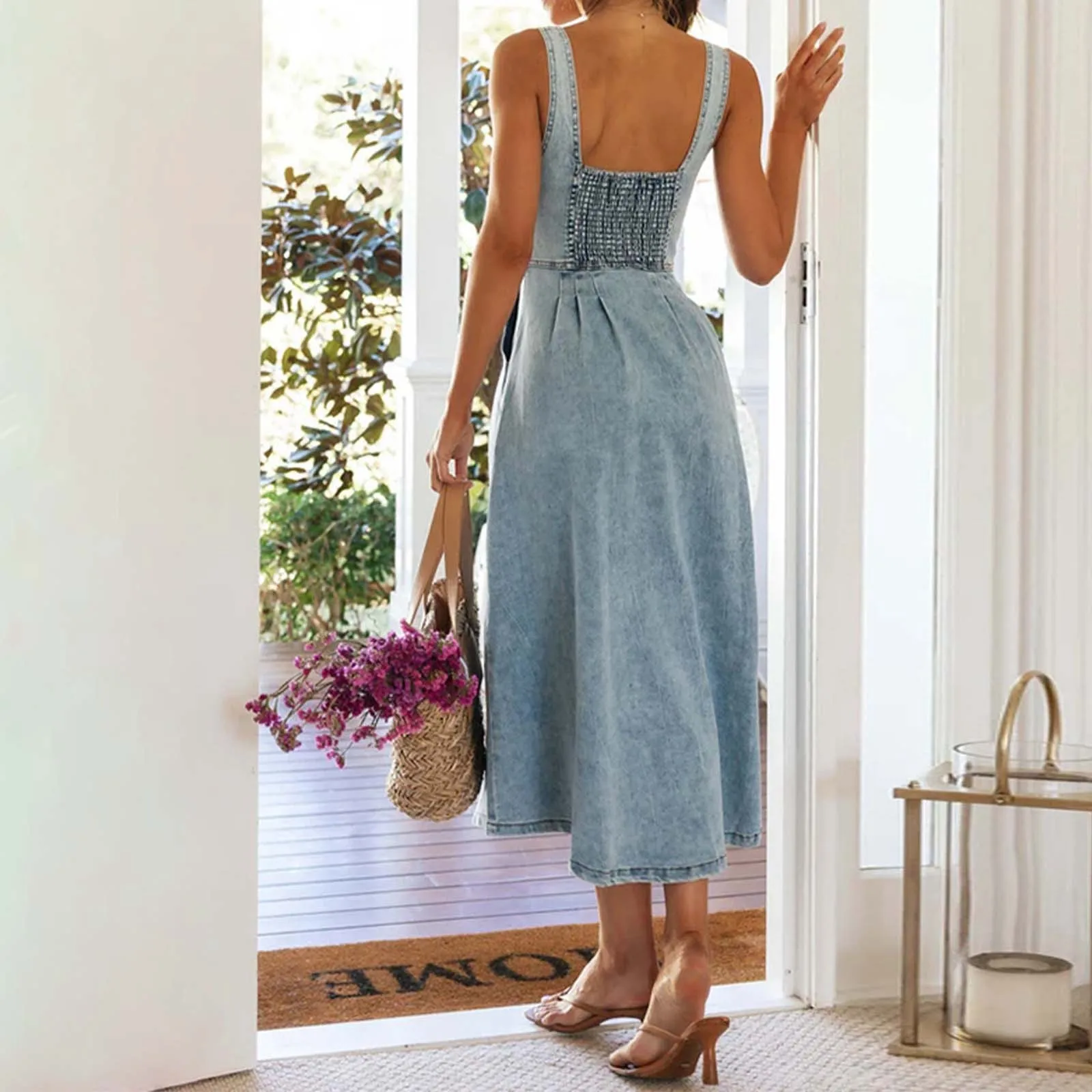 Vintage Denim Maxi Dress With Spaghetti Straps And Button Front For Casual Spring/Summer Look Women Toga Dress