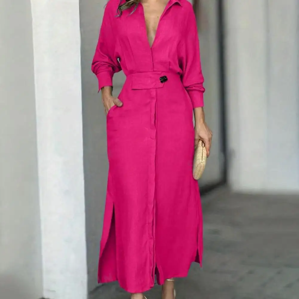 Women Belt Long Shirts Dress Deep V Neck Tight High Waist Side Split Party Dress Female Casual Long Sleeved Maxi Dress Vestidos