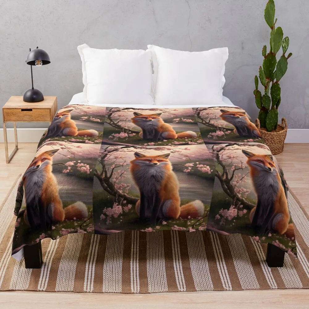 Fox Portrait. Fox with cherry blossom, fox painting, Leonardo da Vinci style Throw Blanket Bed covers Blankets