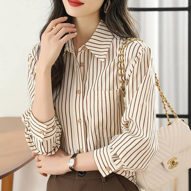 #2526 Striped Shirt Women Long Sleeve Office Womens Tops And Blouses Korean Style Loose Vintage Shirts Female Pockets Spring2024