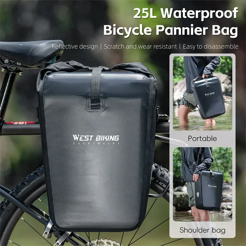 WEST BIKING Waterproof Bicycle Rear Bag 25L Large Capacity Luggage Rack Side Bag Expandable Cycling Travel Bag