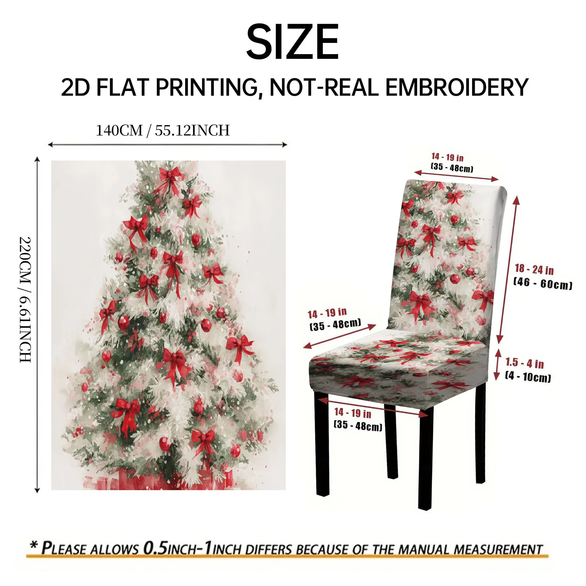 2/4/6 PCS watercolor Christmas tree lights dining chair cover, 2D flat design washable Christmas restaurant holiday decoration