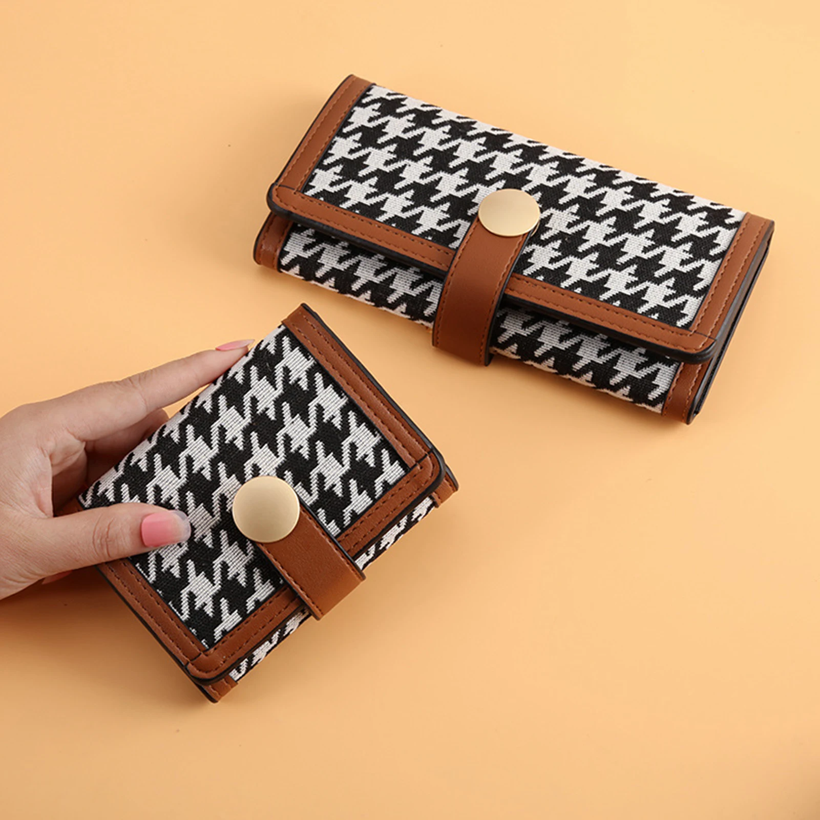 2024 New Women's Wallet Canvas Long Short Fashion Houndstooth Purses Card Holder Portable Lady Coin Purses Korean Version