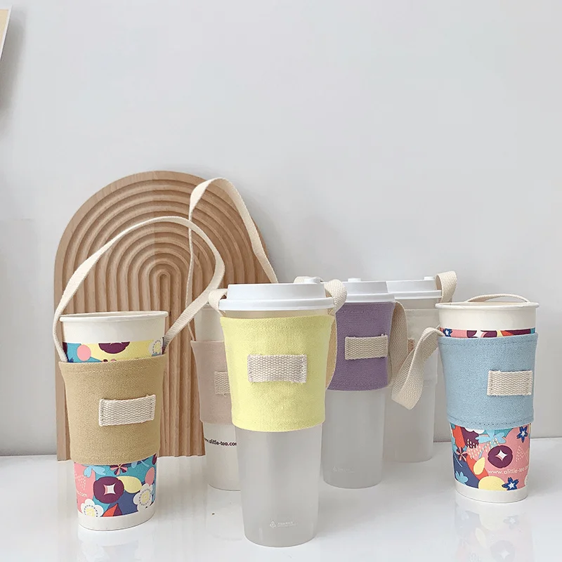 Milk Tea Cup Set Hand Carry Canvas Flat Cup Anti-hot Heat Insulation Thick Tote Bag Drink To Go Coffee Milk Tea Bag view 4