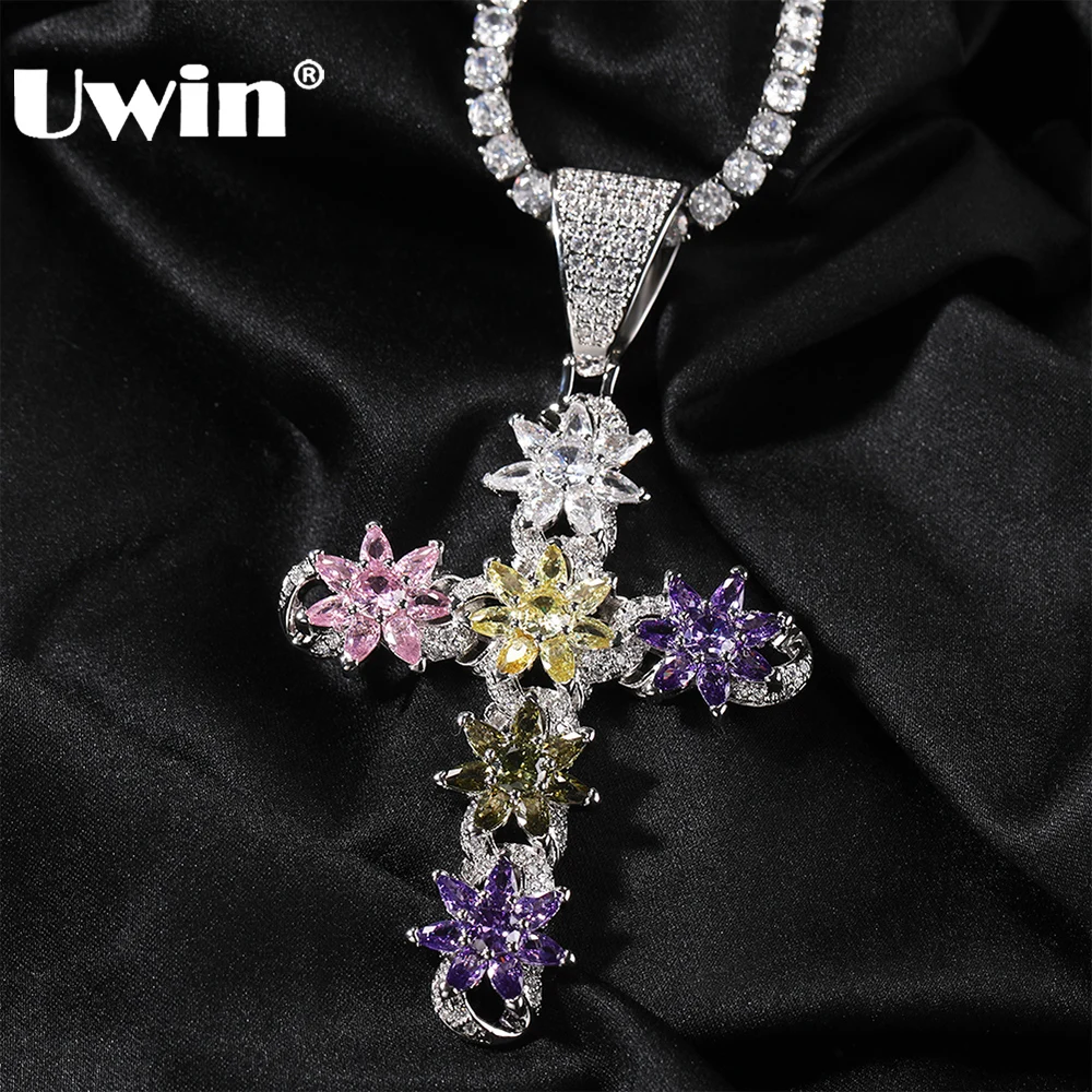 UWIN الزهور الملونة الصليب قلادة قلادة للنساء مثلج خارج الشق الإعداد AAAAA مكعب زركونيا الصليب سحر مجوهرات الأزياء