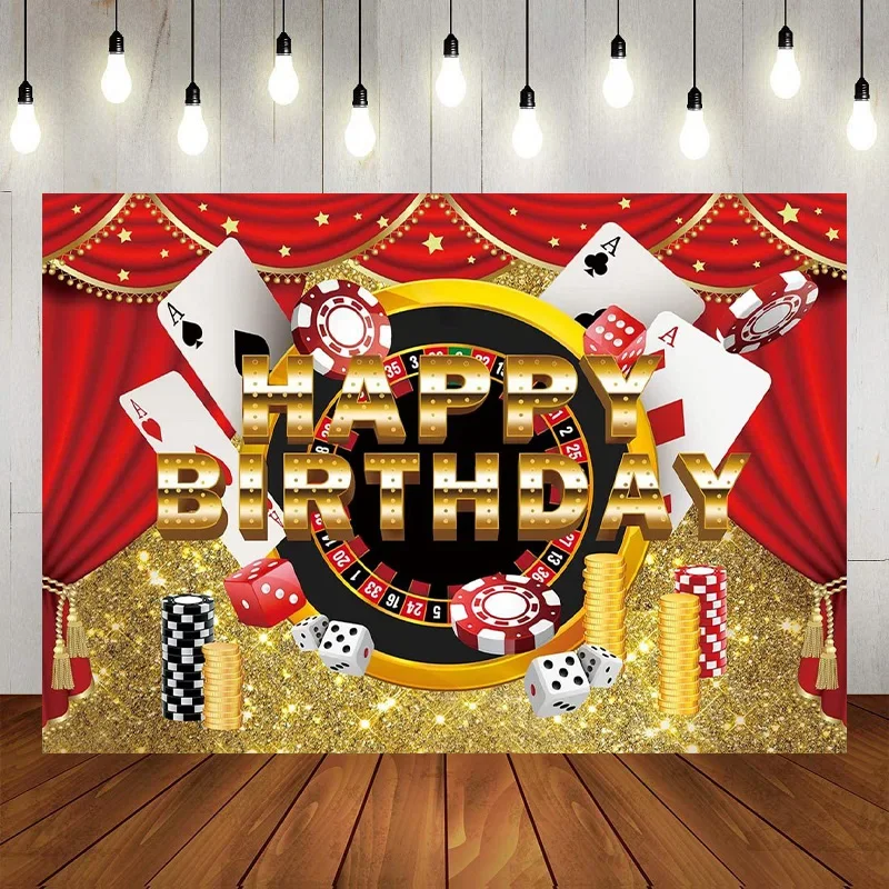 Casino Happy Birthday Party Photography Backdrop Poker Dice Red Curtain Background Las Vegas Gold Glitter Banner Decor Photo