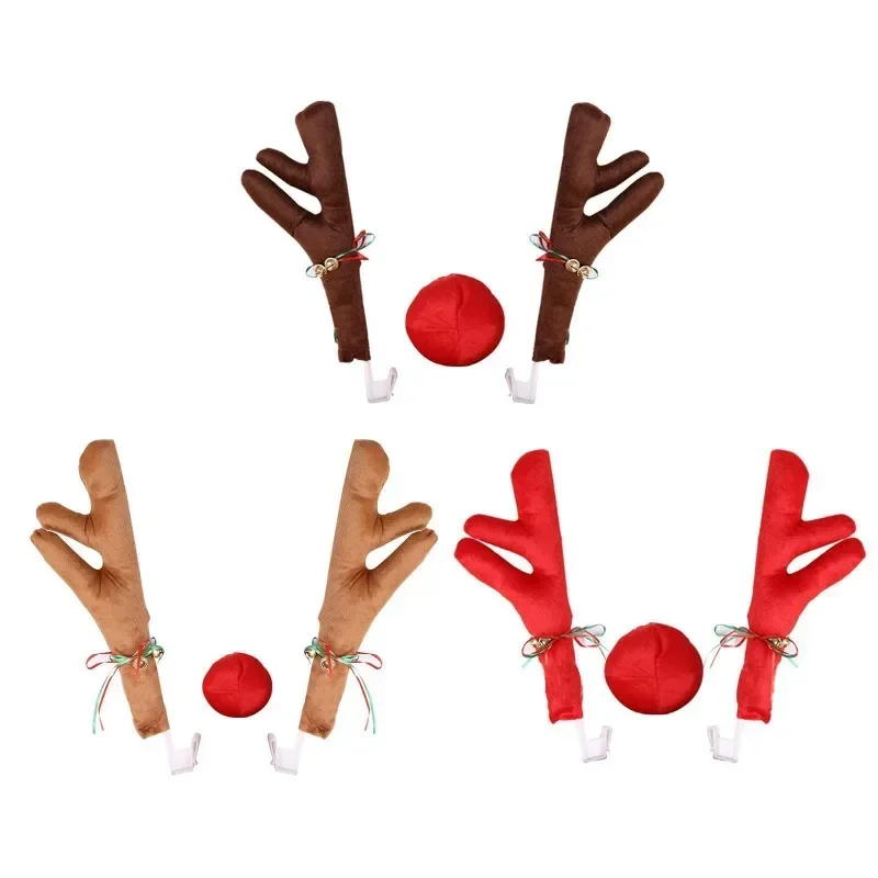 Reindeer Decoration Elk Antler Car Nose Horn Costume Decor Set Rudolph Christmas Antlers Red Nose Ornaments Accessories Cute