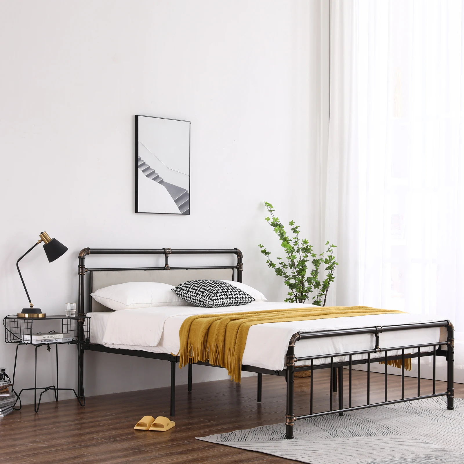 Single-Layer Bed Head and Soft Pull Buckle Bed End Standpipe Water Pipe Bed Full Black Gold-Painted Iron Bed Bedroom Furniture