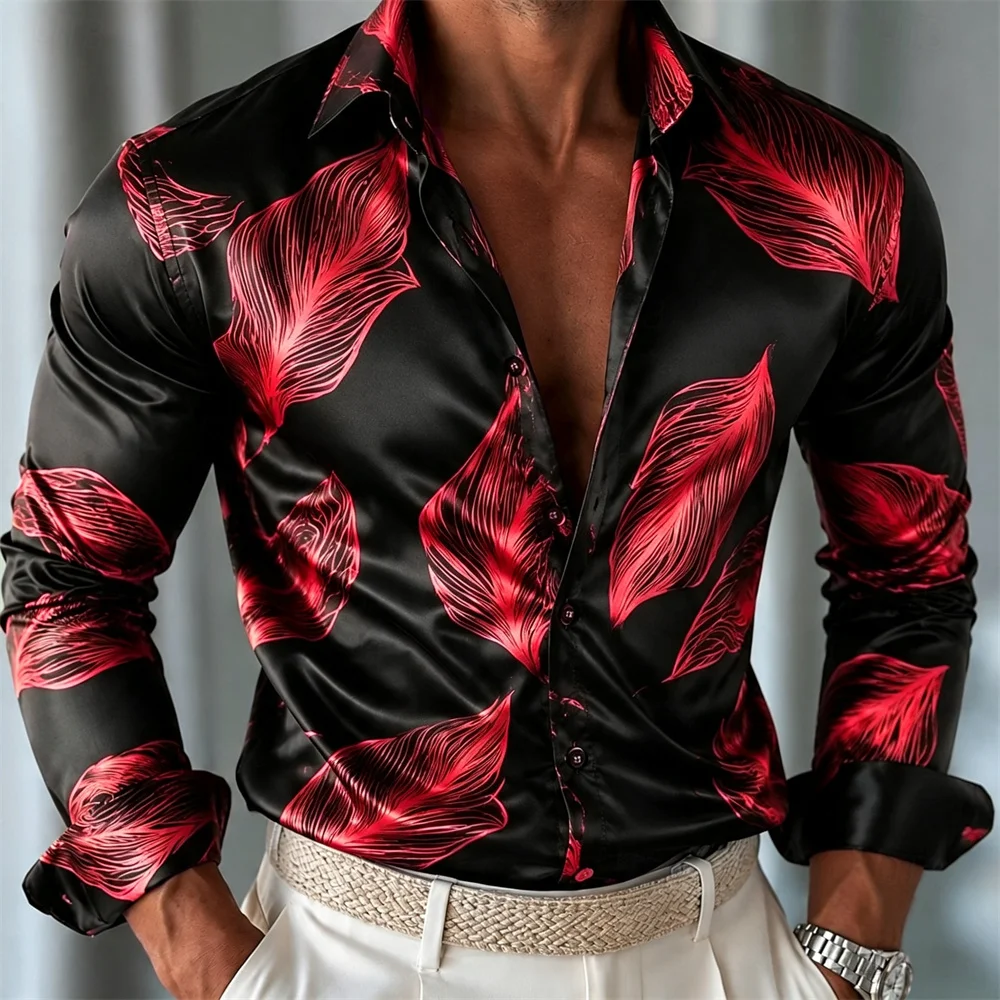 Men Long Sleeve Shirt Black Satin White Leaf Print Turn‑down Collar Button‑up Party Top