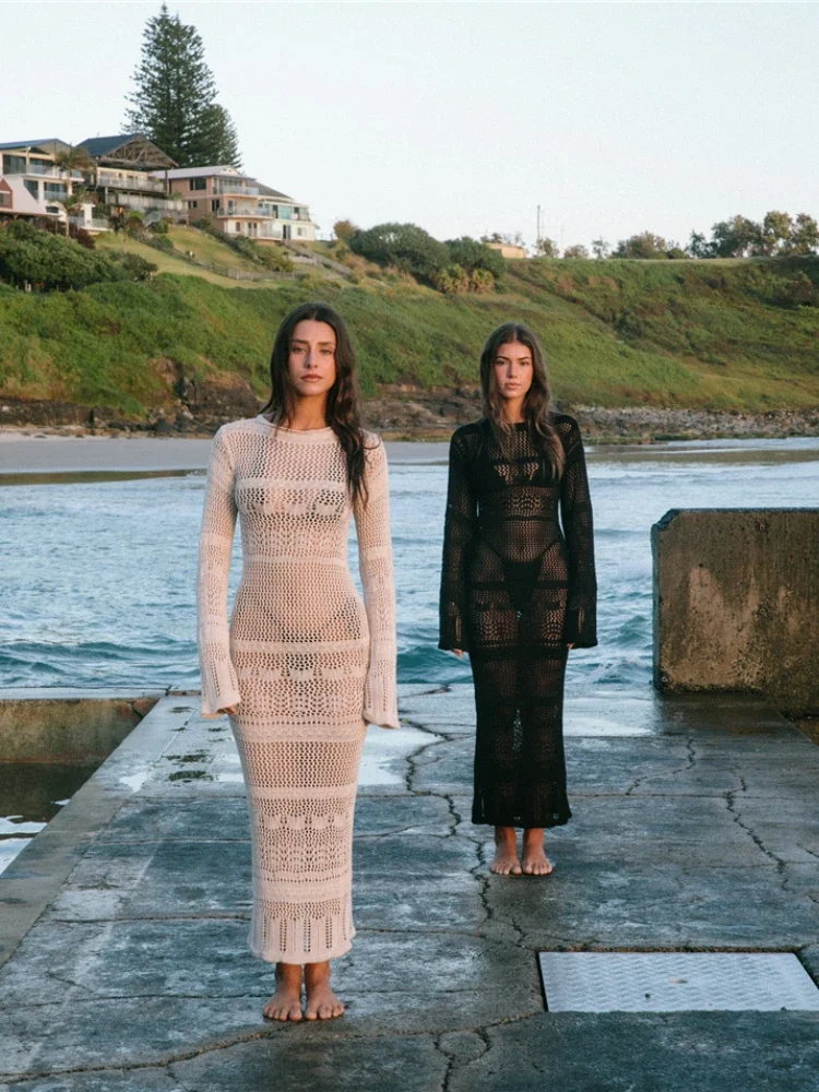 Robe de plage en Crochet pour femmes, longue, tricotée, Sexy, solide, Cover-Up pour les maillots de bain, vacances d'été, livraison directe