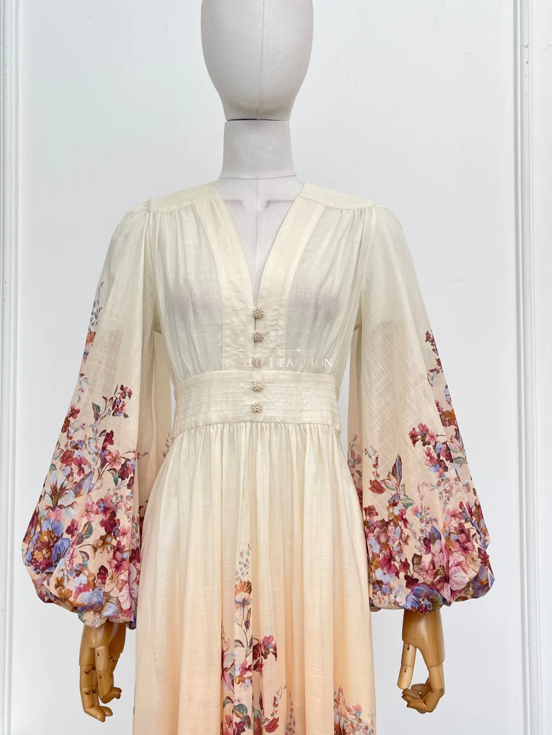 2025 Dames Wit Roze Bloemenprint Midi-jurk met lange mouwen 2025 Nieuw ontwerp