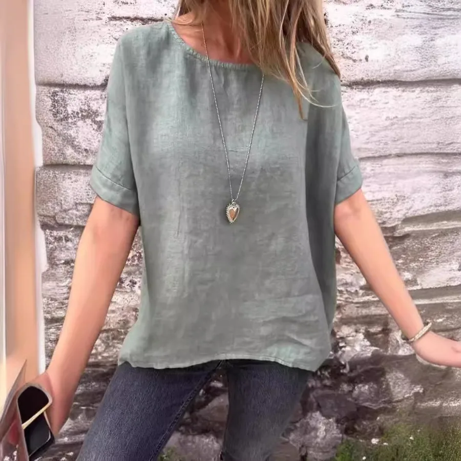 

Female O-neck Short Sleeve Loose Linen Shirt Casual High Street 2024 Cotton Blouse Top New Summer Solid Color Women Pullover