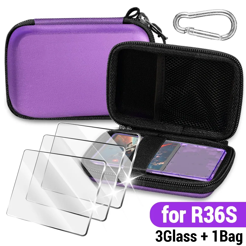 For R36S Tempered Glass+Bag Anti Scratch Screen Protectors Portable Storage Case Handheld Game Console Bag with Hanger for R36S