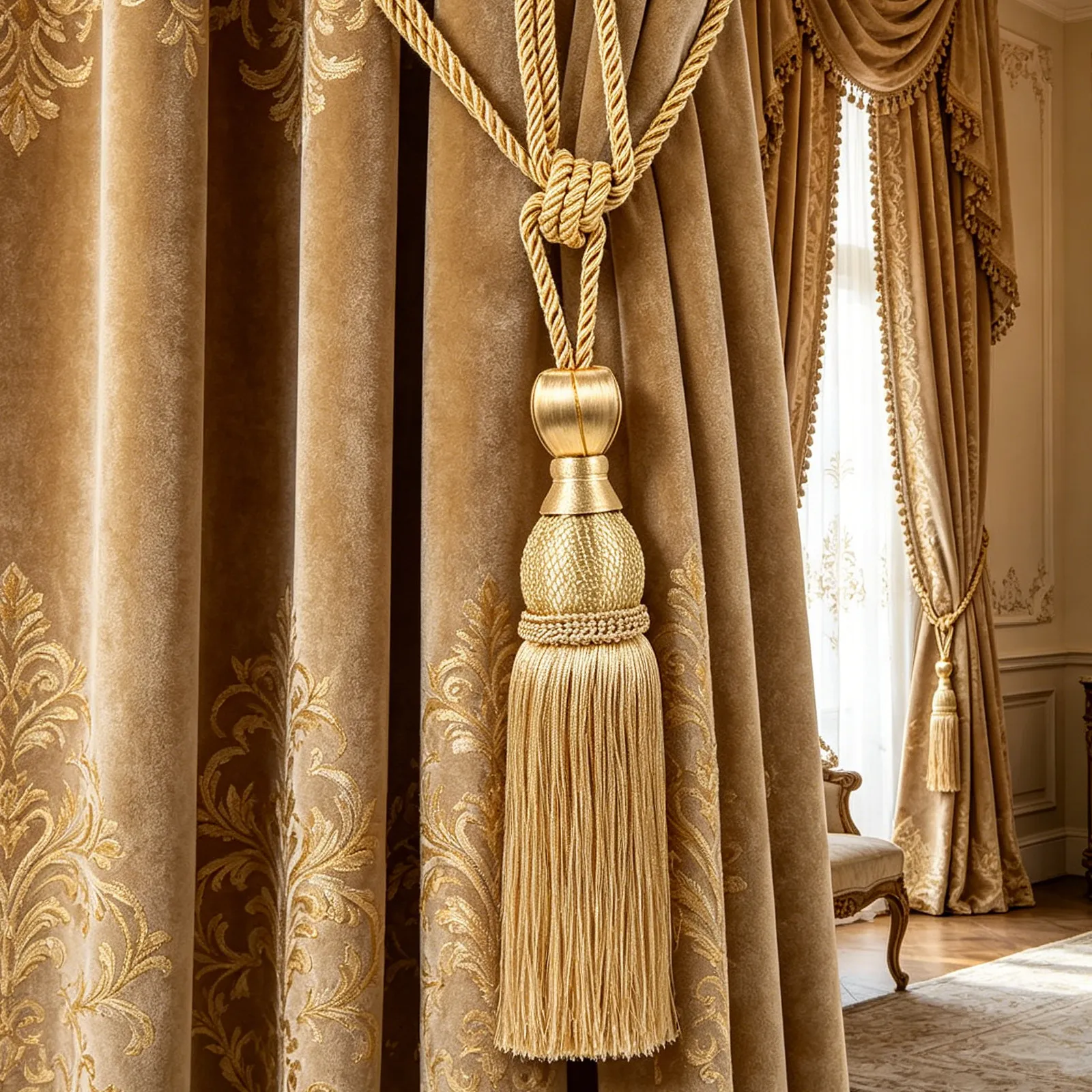 Gold Tassel Curtain Tiebacks 2 Pieces Luxury Handmade Chainette Fringe Holdbacks for Drapes Window Decor
